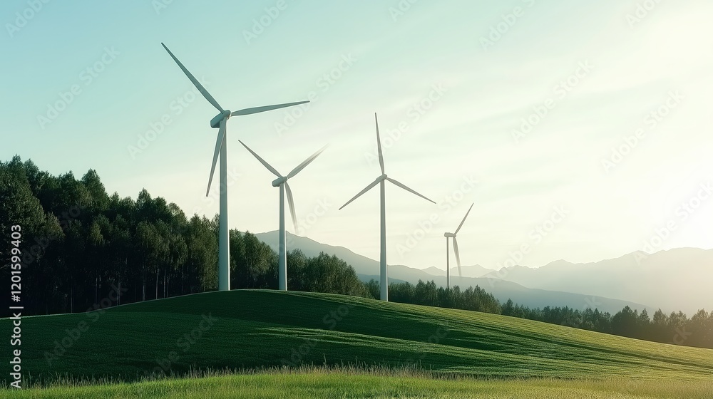 Scenic Wind Turbines on Green Hills Under Soft Light Scenic Wind Turbines on Green Hills Under Soft Light