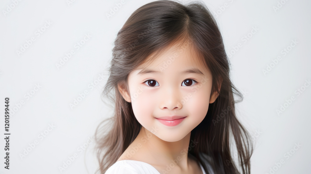 Portrait of smiling asian girl child with long white hair creamy white background. Portrait of smiling asian girl child with long white hair creamy white background.