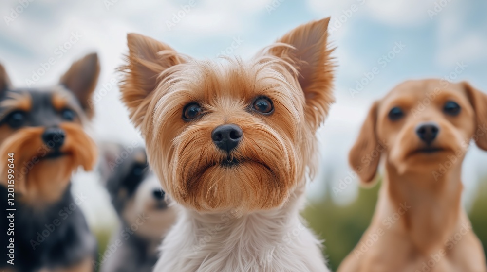 Group of small dogs sit side by side, each displaying unique features and expressions. The light background highlights their fur colors and adorable faces, creating an inviting atmosphere. Group of small dogs sit side by side, each displaying unique features and expressions. The light background highlights their fur colors and adorable faces, creating an inviting atmosphere.