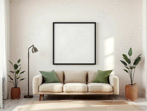 Mockup in room with cream sofa and a black square wooden frame for wall art