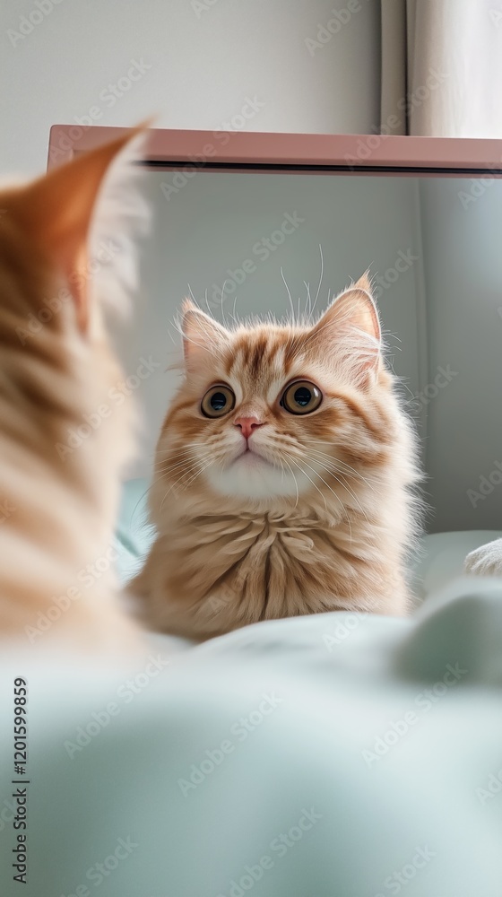 A fluffy orange cat looks curiously at its reflection in a mirror while resting on a soft bed. The scene captures a peaceful moment in the cat's day at home.