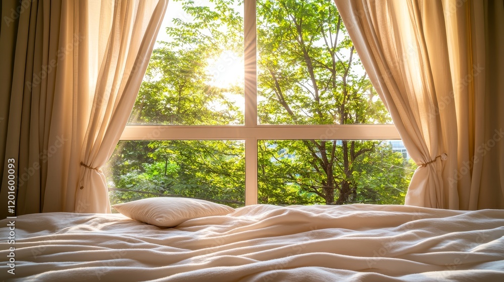 Fototapeta premium Cozy Bedroom with Bed, Pillows, and Blanket in Morning Light, Vintage, Rustic Style, Warm Interior Design, Comfort, Home Aesthetics
