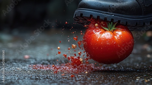 Black boot crushes ripe tomato, splattering juice and seeds on concrete floor photo