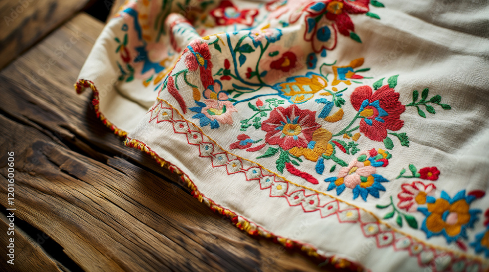 Obraz premium Vibrant Slavic Embroidery Pattern on Traditional Fabric with Floral Designs