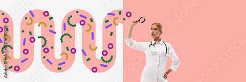 Obraz na plátně Female doctor in lab coat holding magnifying glass, examining abstract intestinal model representing microbiota and gastrointestinal health