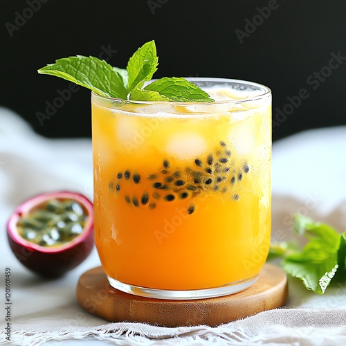 Refreshing tropical drink with passion fruit and mint served in a glass, perfect for summer gatherings. photo