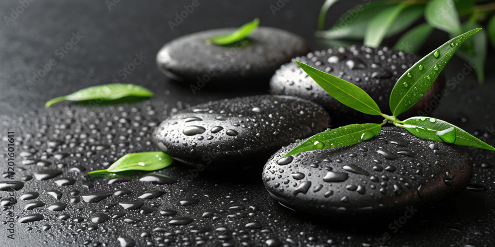A Tranquil Scene Featuring Spa Stones with Water Drops and Green Leaves for Ultimate Relaxation A Tranquil Scene Featuring Spa Stones with Water Drops and Green Leaves for Ultimate Relaxation