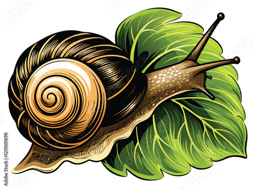 Draw a detailed vector illustration of a land snail crawling over a surface, emphasizing its textured shell and the slime trail it leaves behind.