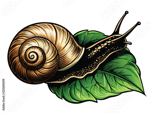 Draw a detailed vector illustration of a land snail crawling over a green leaf, showcasing its shell, tentacles, and muscular foot.