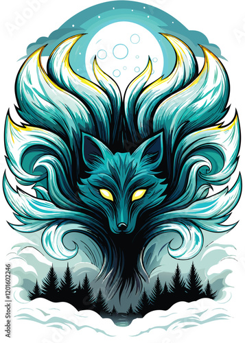 A magnificent nine-tailed fox spirit with ethereal, flowing tails, radiating a vibrant glow, against a dark, mystical background.