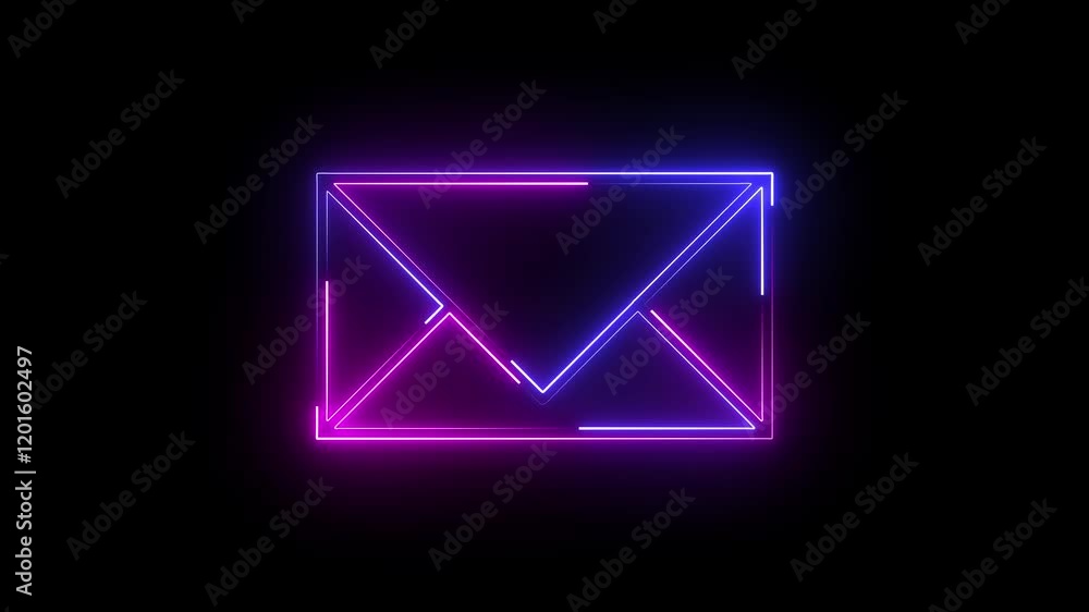 A neon email icon animates with a glowing envelope outline, followed by a light pulse as it opens briefly, revealing a flickering message before closing smoothly. A neon email icon animates with a glowing envelope outline, followed by a light pulse as it opens briefly, revealing a flickering message before closing smoothly.