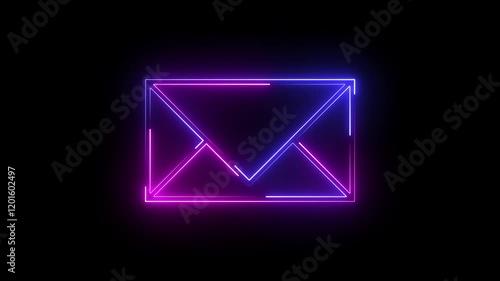 A neon email icon animates with a glowing envelope outline, followed by a light pulse as it opens briefly, revealing a flickering message before closing smoothly.