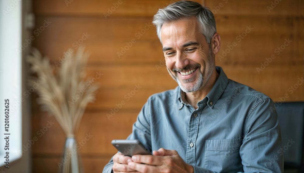 Happy mature businessman checking smartphone in bright office space. Happy mature businessman checking smartphone in bright office space.
