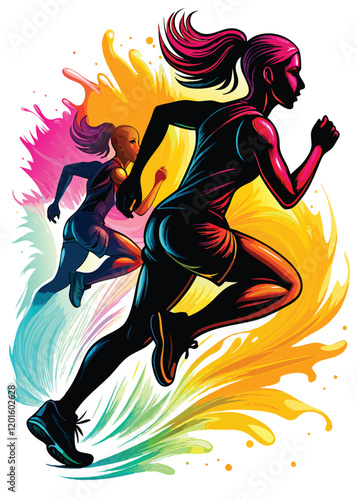 A powerful female athlete sprints with determination, her muscles straining as she explodes from the starting block. Vivid splashes of color capture her dynamic energy.