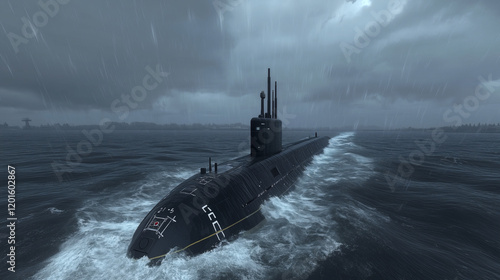 Submarino navegando en aguas turbulentas bajo un cielo nublado