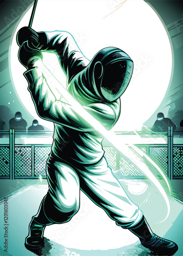 A dynamic image of a fencer in mid-action, their sword leaving glowing trails of light against a dark background.