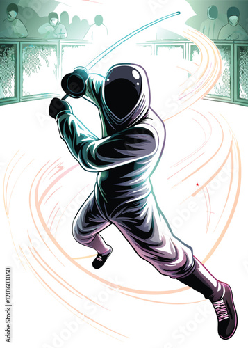 A dynamic image of a fencer in mid-action, their sword ablaze with glowing trails of light.