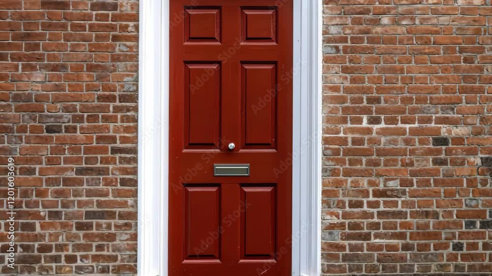 A bright red door stands prominently against a rustic brick wall, enhancing the character of this lovely neighborhood setting A bright red door stands prominently against a rustic brick wall, enhancing the character of this lovely neighborhood setting