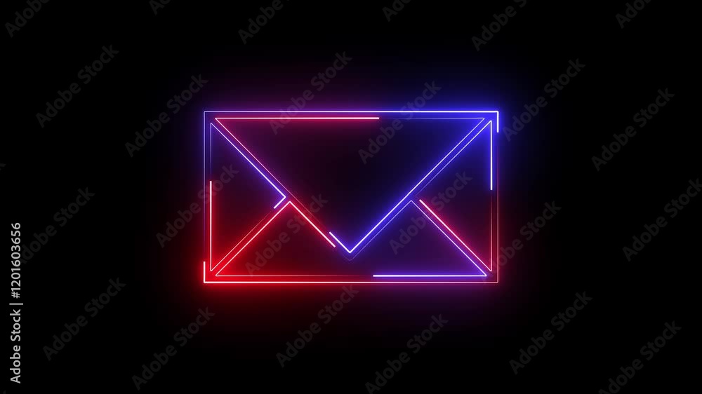 A neon email icon animates with a glowing envelope outline, followed by a light pulse as it opens briefly, revealing a flickering message before closing smoothly. A neon email icon animates with a glowing envelope outline, followed by a light pulse as it opens briefly, revealing a flickering message before closing smoothly.