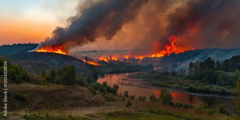 Fototapeta premium Dramatic forest fire spreading across hills at sunset with dense smoke rising