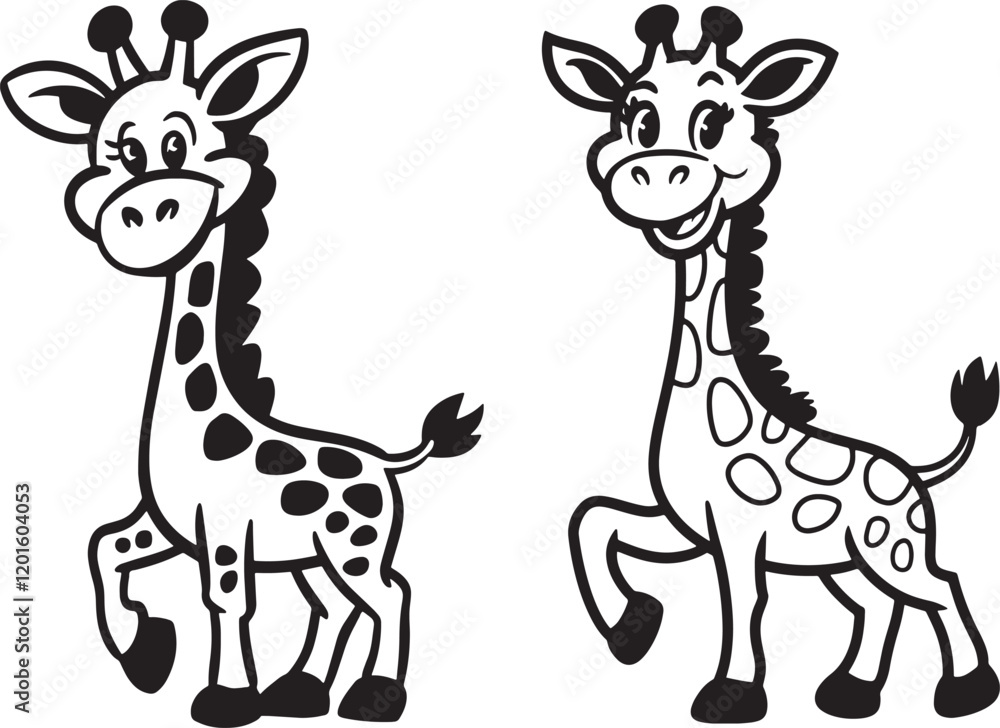 Fototapeta premium Adorable Cartoon Giraffes in Black and White