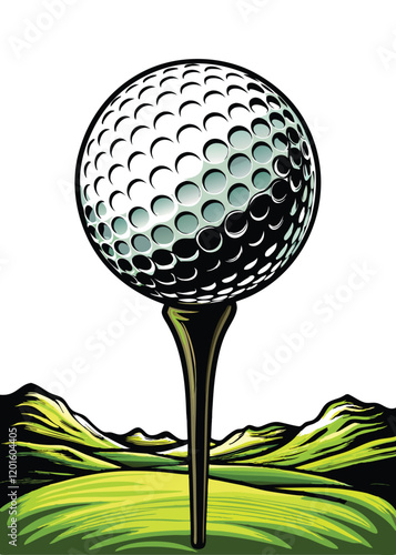 A perfectly frozen moment of a white golf ball soaring through the air, against a backdrop of a lush, green, rolling landscape.