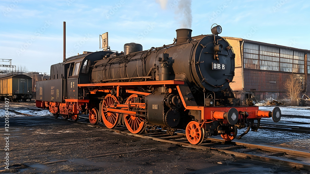 Naklejka premium Historic steam locomotive at railway depot, winter sunlight, industrial background; ideal for transportation, history, or industrial themes