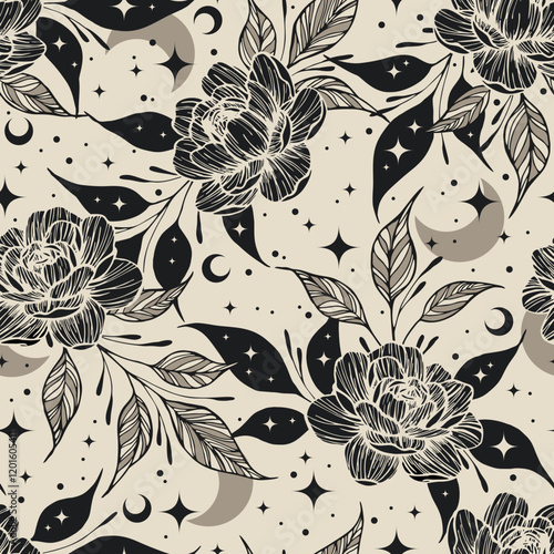 Magic seamless vector pattern with flowers, moons and stars. Boho pattern for astrology, esoteric, tarot, mystic and magic. 