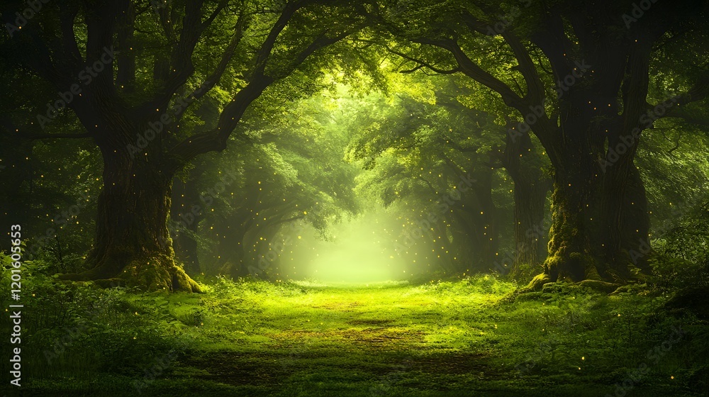 Fototapeta premium Mystical night forest pathway reveals moonlit woodland, dark tree silhouettes, and glowing fireflies amid ethereal green fog, creating enchanted atmosphere in dreamy landscape setting.