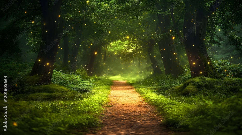 Obraz premium Mystical night forest pathway reveals moonlit woodland, dark tree silhouettes, and glowing fireflies amid ethereal green fog, creating enchanted atmosphere in dreamy landscape setting.