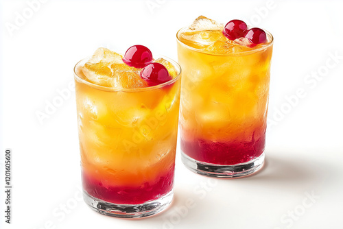 Two glasses of tequila sunrise cocktail, garnished with maraschino cherries and ice cubes, offer a vibrant and refreshing summer beverage photo