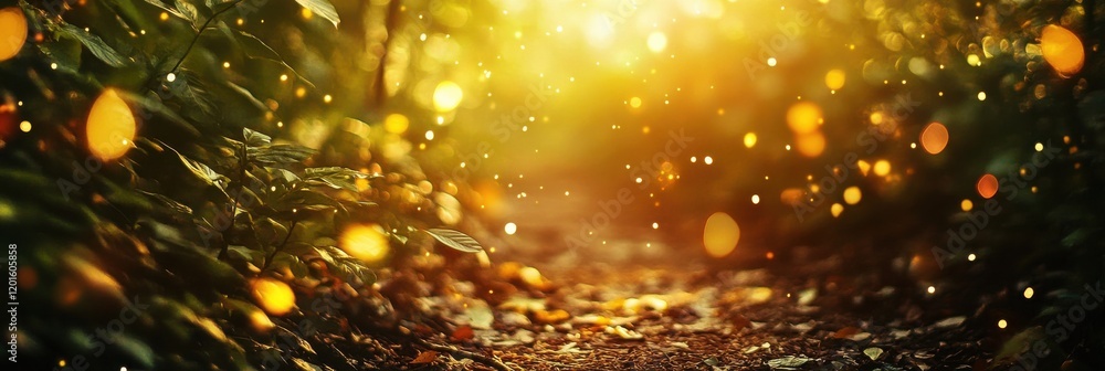 Enchanted forest pathway with magical sunlight and glowing particles Enchanted forest pathway with magical sunlight and glowing particles