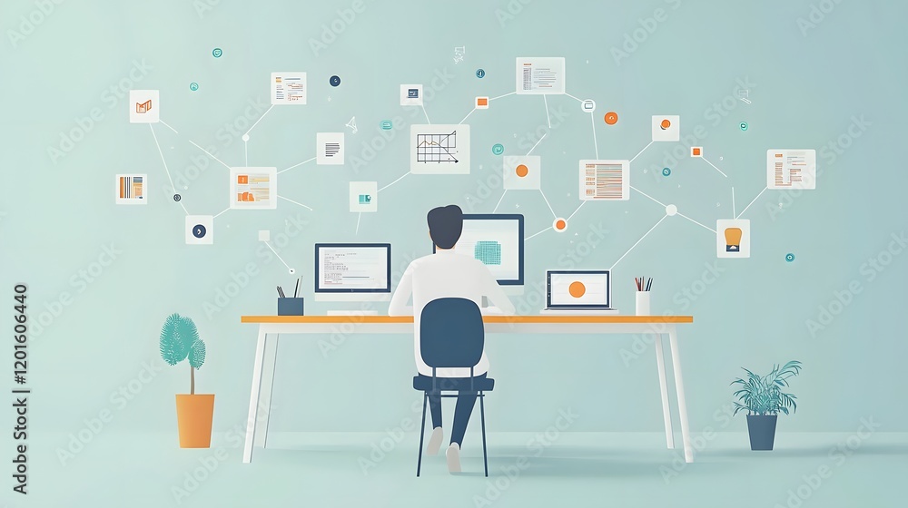 Person wearing white attire works at desk with floating tech icons, connected nodes, and symbols, illustrating programming concept in flat design with pastel color scheme. Person wearing white attire works at desk with floating tech icons, connected nodes, and symbols, illustrating programming concept in flat design with pastel color scheme.