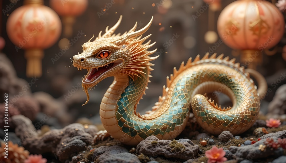 Fototapeta premium Traditional Chinese snake design for Happy Chinese New Year 2025, Year of the Snake. Festive artwork celebrating the Lunar New Year with vibrant backgrounds.