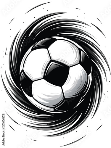 Illustrate a close-up of a soccer ball spinning with a blurred background, emphasizing the dynamic motion and texture of the leather panels.