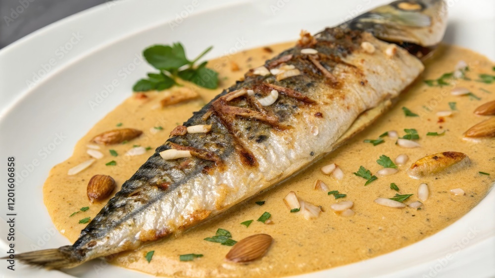 Close-up of grilled mackerel with almond sauce, fish fillet, juicy fish, grilled fish Close-up of grilled mackerel with almond sauce, fish fillet, juicy fish, grilled fish