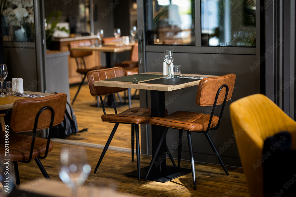 Une table dressée dans un restaurant gastronomique avec des chaises en cuir Une table dressée dans un restaurant gastronomique avec des chaises en cuir