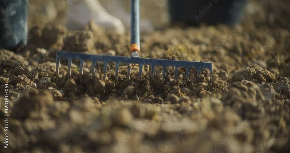 Close Up Of Rake Breaking Up Clods Of Soil Preparing Soil For Growing Vegetables Close Up Of Rake Breaking Up Clods Of Soil Preparing Soil For Growing Vegetables