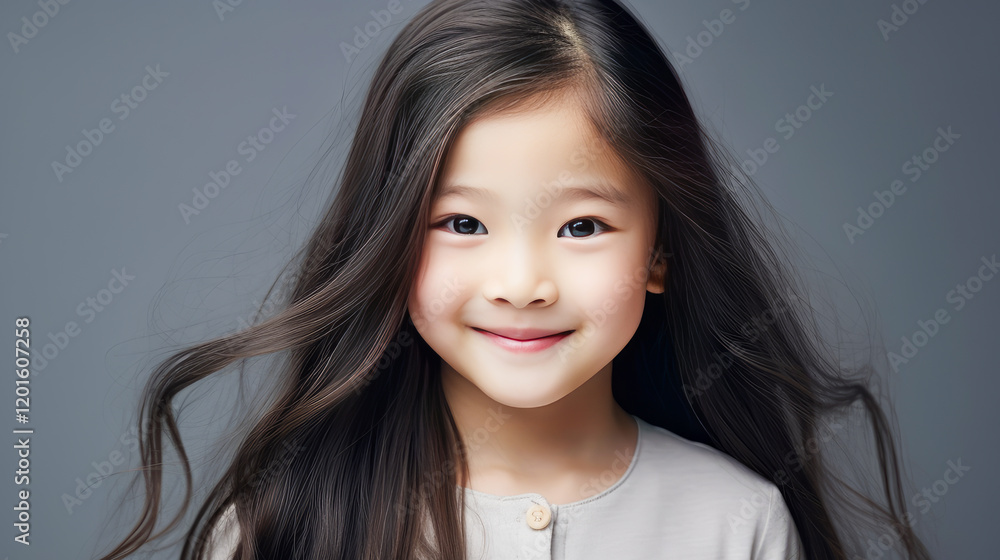 Portrait of smiling asian girl child with long white hair creamy gray background. Portrait of smiling asian girl child with long white hair creamy gray background.