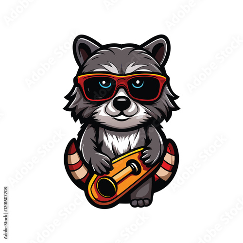 A stylish raccoon, wearing cool sunglasses, poses with a confident swagger, surrounded by vibrant, tropical foliage.