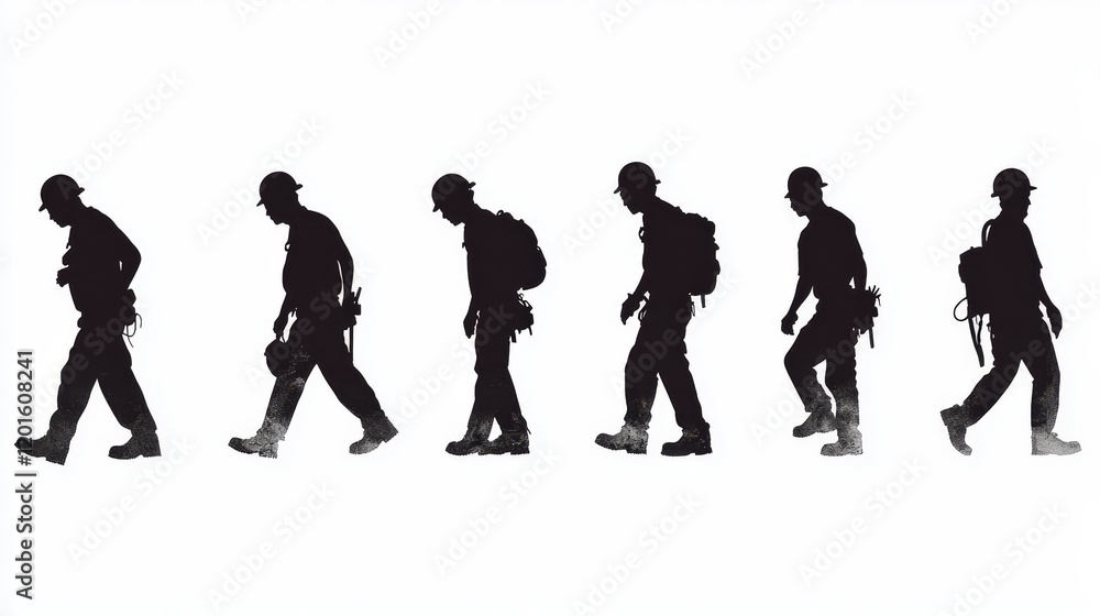 Obraz premium Construction Workers Vector Monochrome Silhouette Illustration Set Isolated On A White Background.