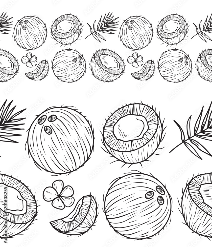 Seamless border coconut and half with palm leaf branch in black on white background. Hand drawn vector sketch illustration in doodle engraved vintage line art. Cocktail, dessert ingredient, perfume Seamless border coconut and half with palm leaf branch in black on white background. Hand drawn vector sketch illustration in doodle engraved vintage line art. Cocktail, dessert ingredient, perfume