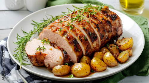 Roasted pork loin with roasted potatoes, herbs, and gravy.  Delicious meal for family dinner