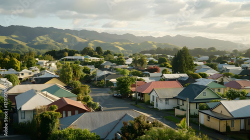 Suburban neighborhood nestled in a valley, houses with colorful roofs, mountain backdrop, golden hour light, ideal for real estate or travel brochures
