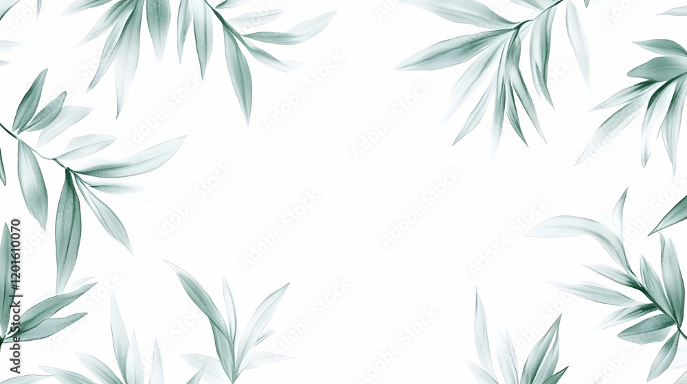 Teal leaves frame white background; nature design for websites, social media, or print Teal leaves frame white background; nature design for websites, social media, or print
