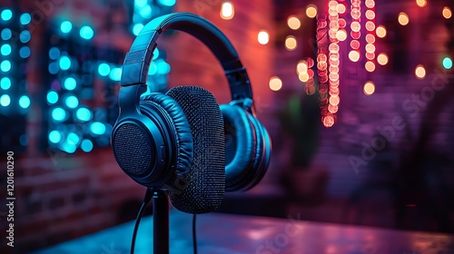 Headphones and Microphone Setup in Vibrant Studio Lighting photo