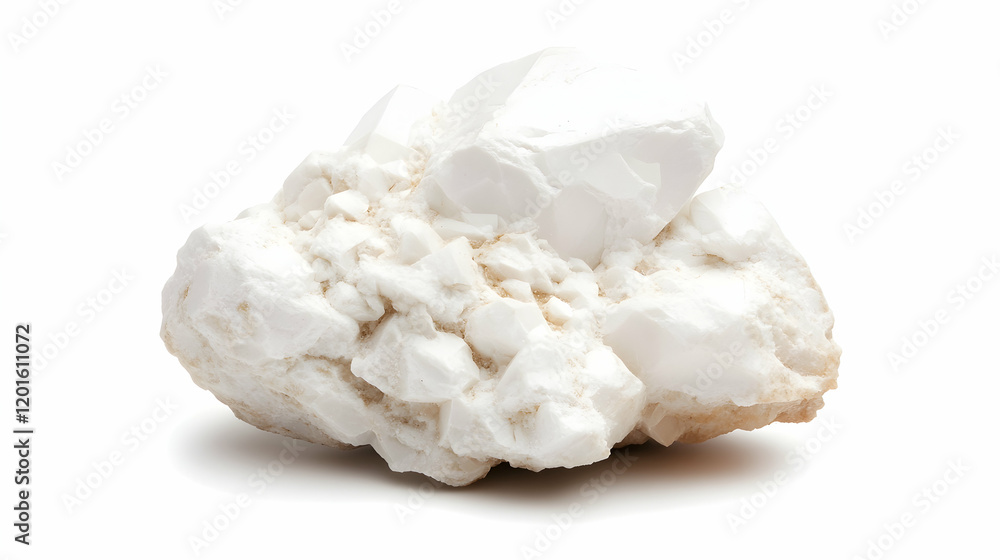 White mineral cluster on white background, geology sample, science education White mineral cluster on white background, geology sample, science education
