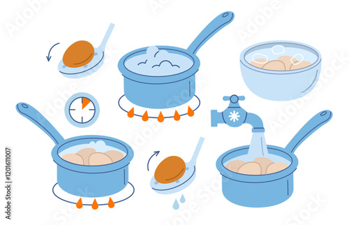 Food set. How to boil eggs instruction collection. Cooking pan with boiling water on stove and other cooking elements. Modern cartoon concept. Vector illustration.