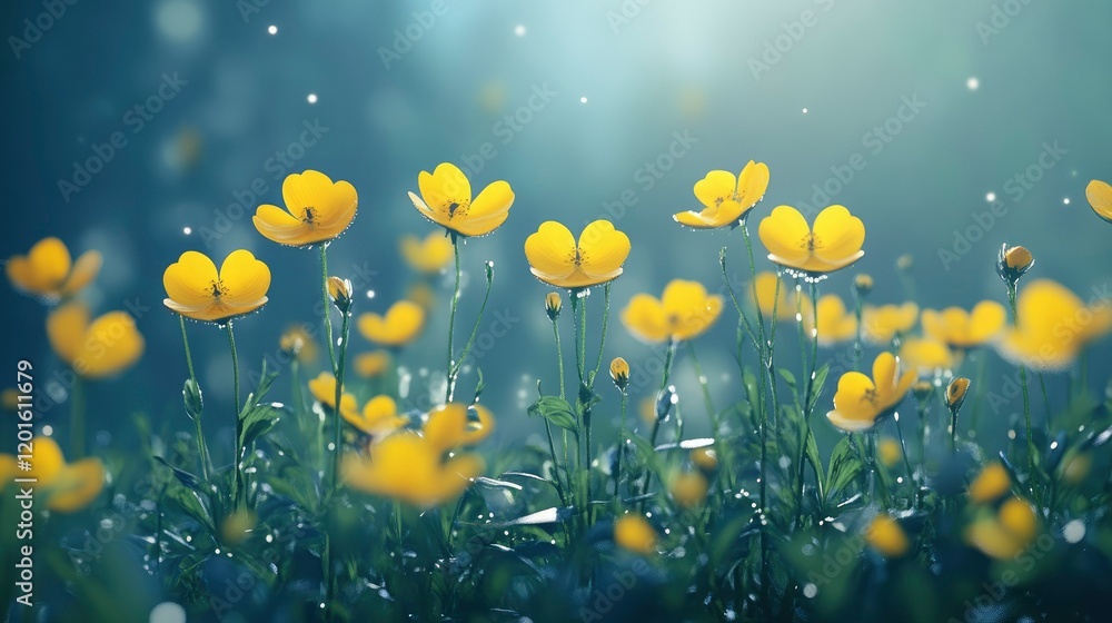 Yellow flowers on blurry blue background