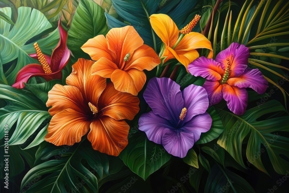 Fototapeta premium Exotic floral arrangement with rich colors, highlighted in a tranquil garden